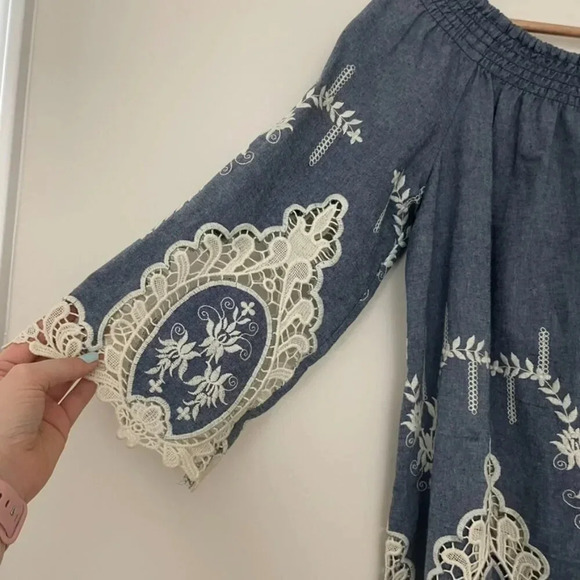 Boston Proper Chambray Crochet Lace Off The Shoulder Top Size Small - Picture 7 of 7